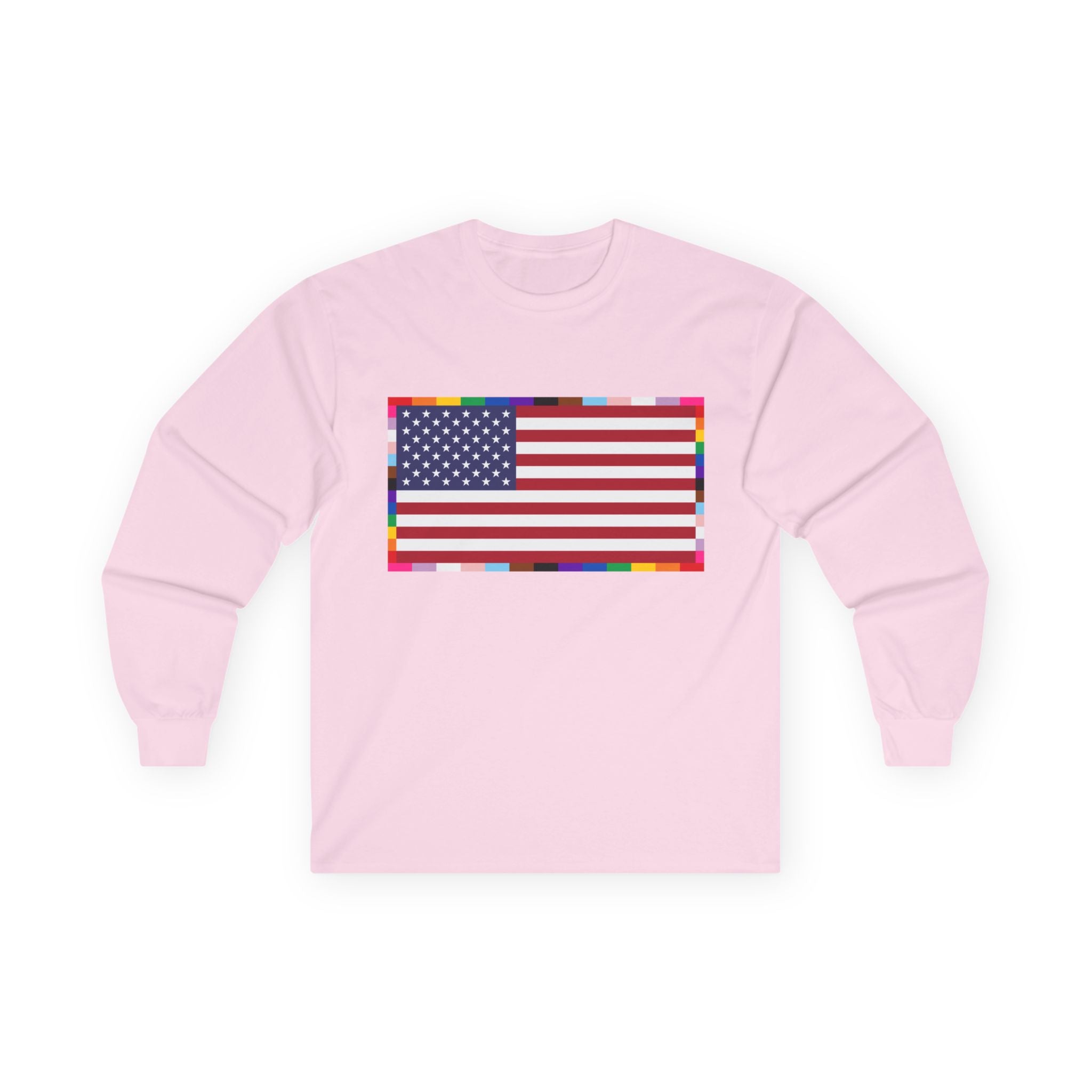 American Flag Long Sleeve Tee — Rainbow Confetti Border Patriotic Shirt