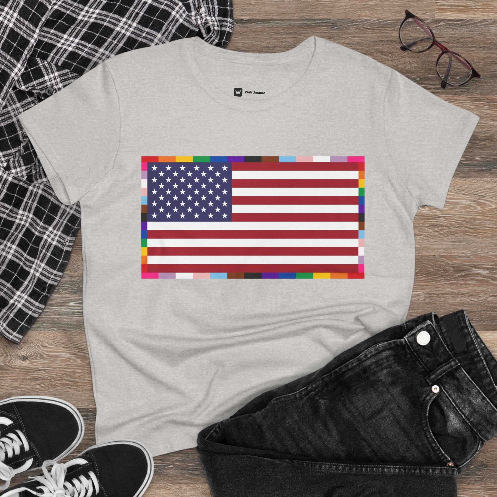 Women's American Unity Flag Tee | USA Flag T-Shirt, LGBTQ+ Pride Diversity Inclusion