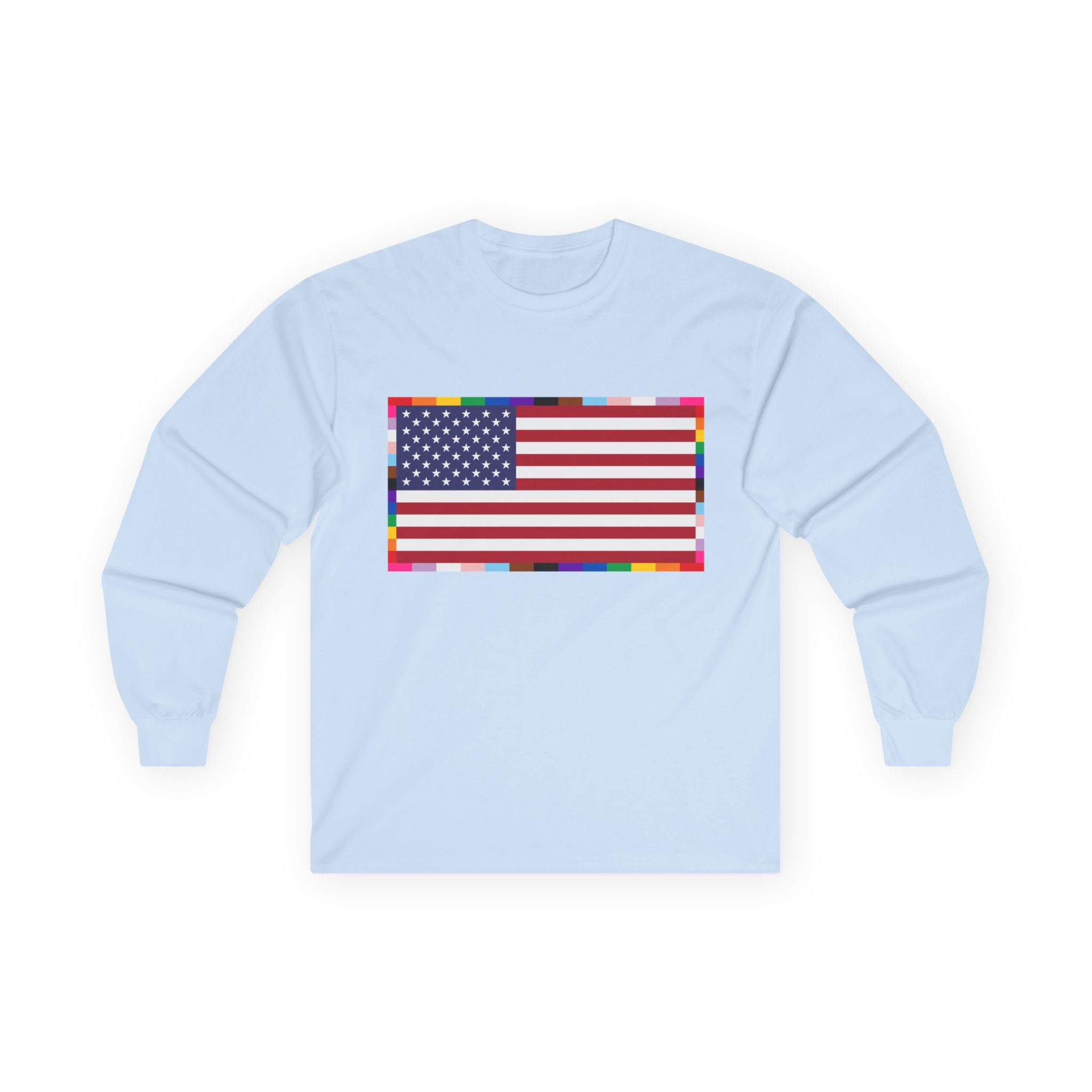 American Flag Long Sleeve Tee — Rainbow Confetti Border Patriotic Shirt