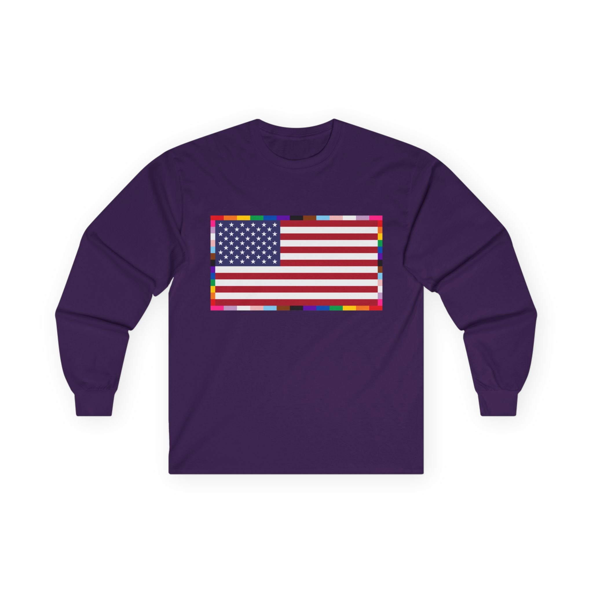 American Flag Long Sleeve Tee — Rainbow Confetti Border Patriotic Shirt