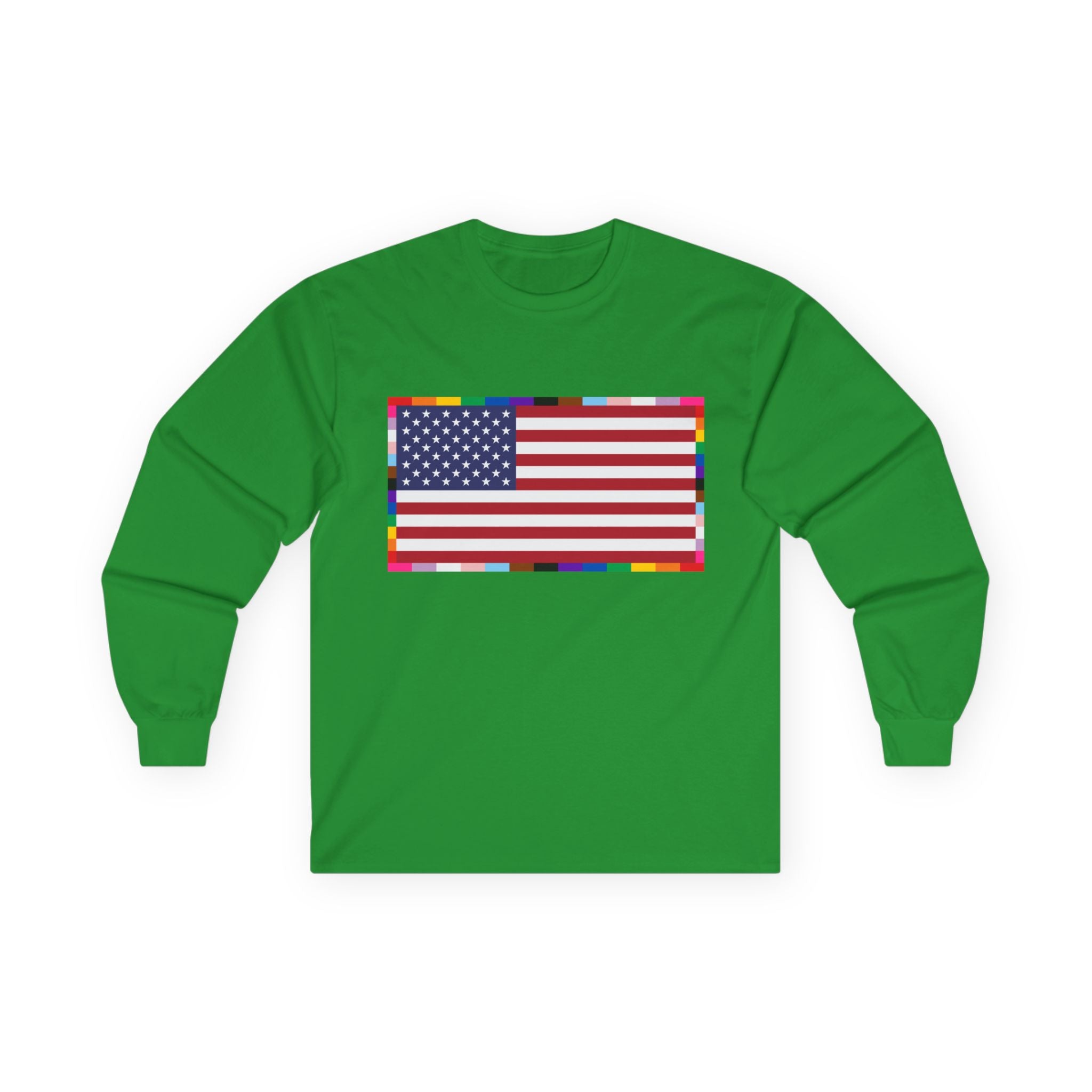 American Flag Long Sleeve Tee — Rainbow Confetti Border Patriotic Shirt