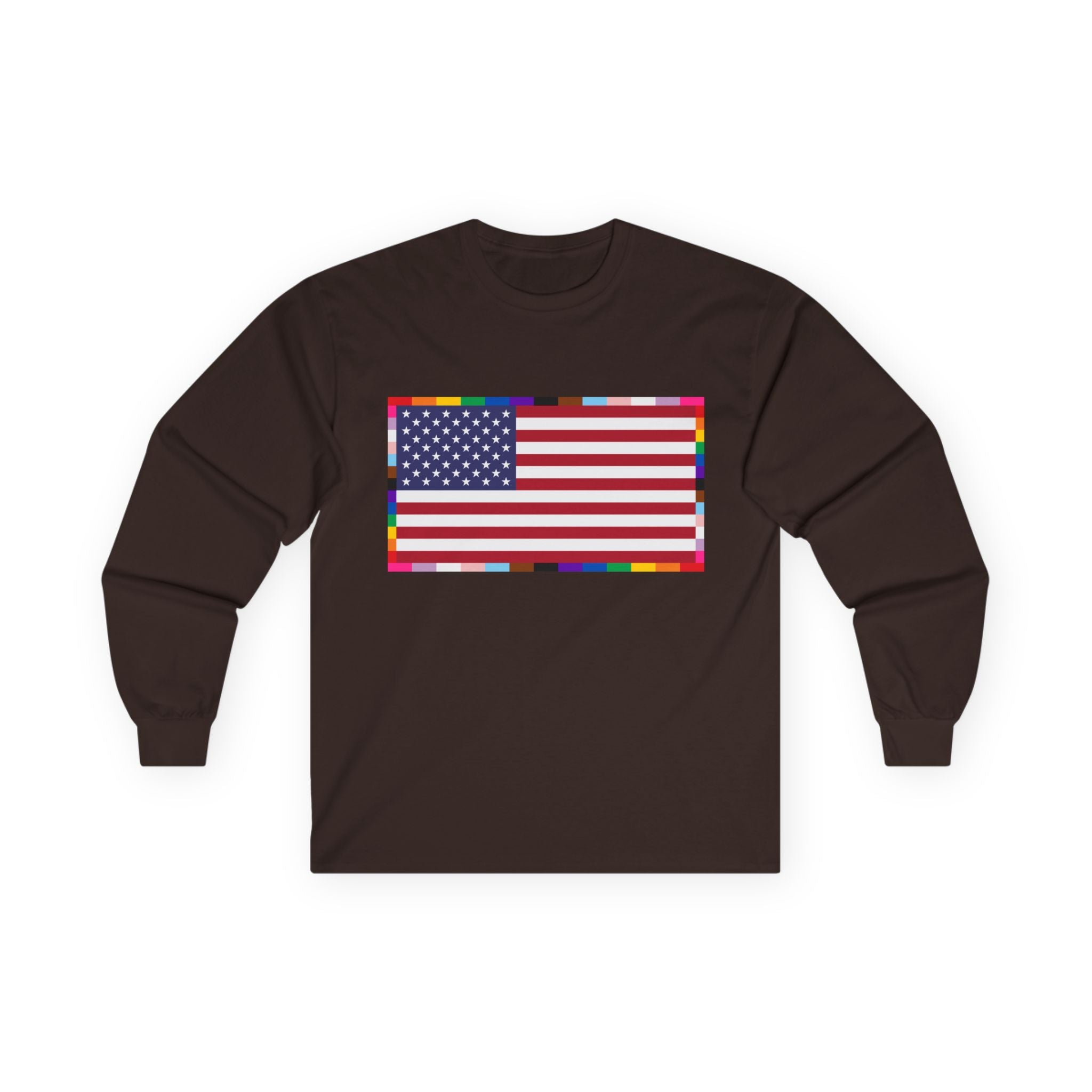American Flag Long Sleeve Tee — Rainbow Confetti Border Patriotic Shirt