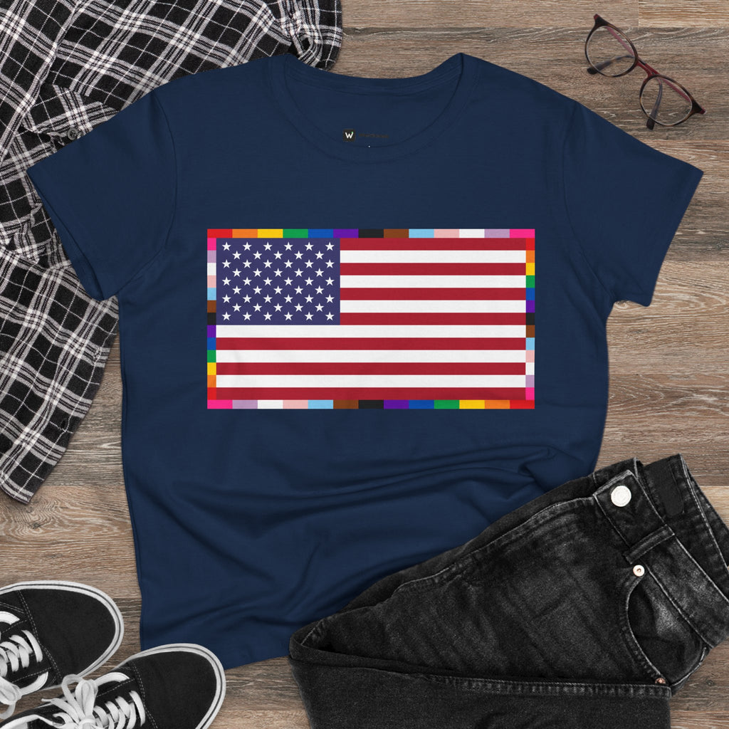 Women's American Unity Flag Tee | USA Flag T-Shirt, LGBTQ+ Pride Diversity Inclusion