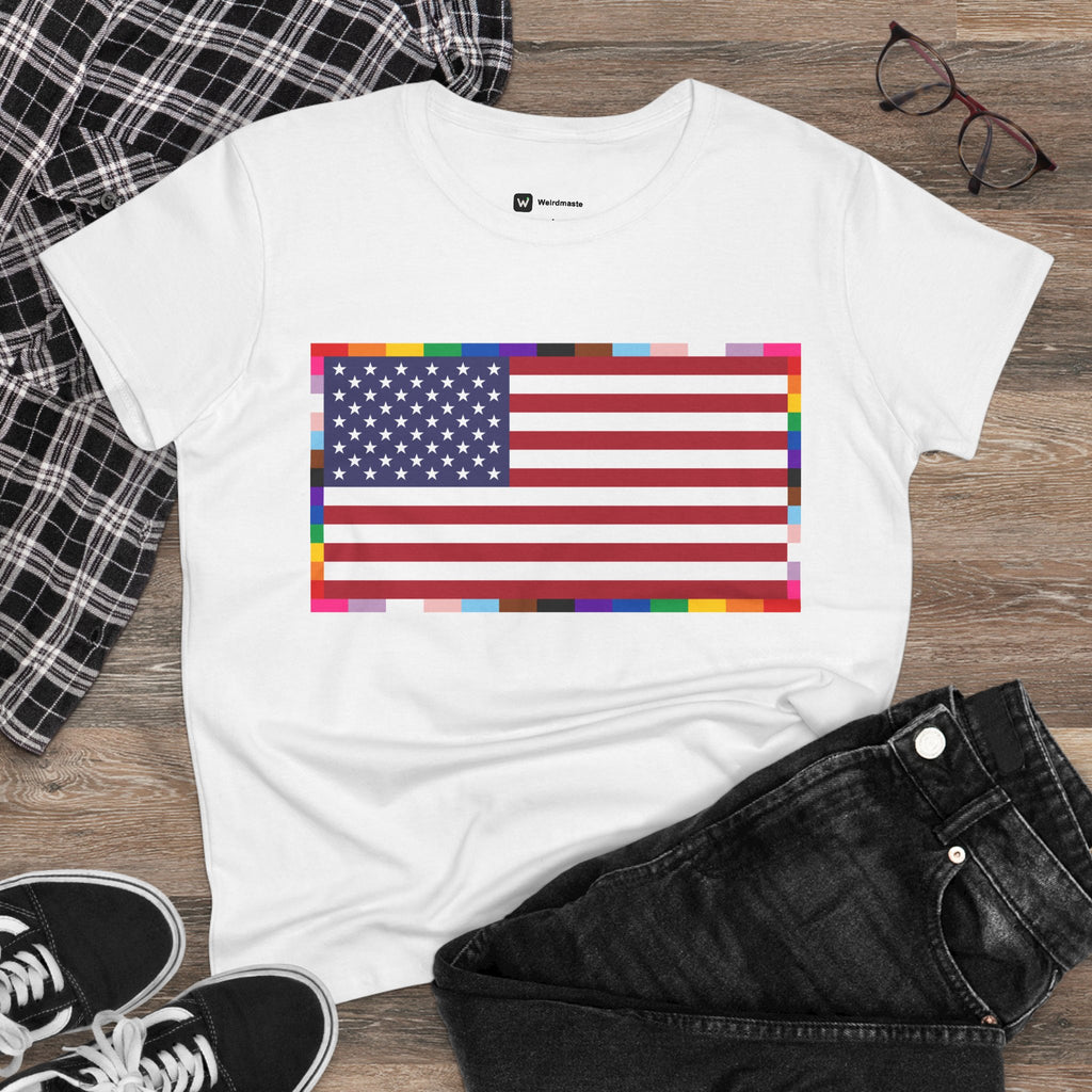 Women's American Unity Flag Tee | USA Flag T-Shirt, LGBTQ+ Pride Diversity Inclusion