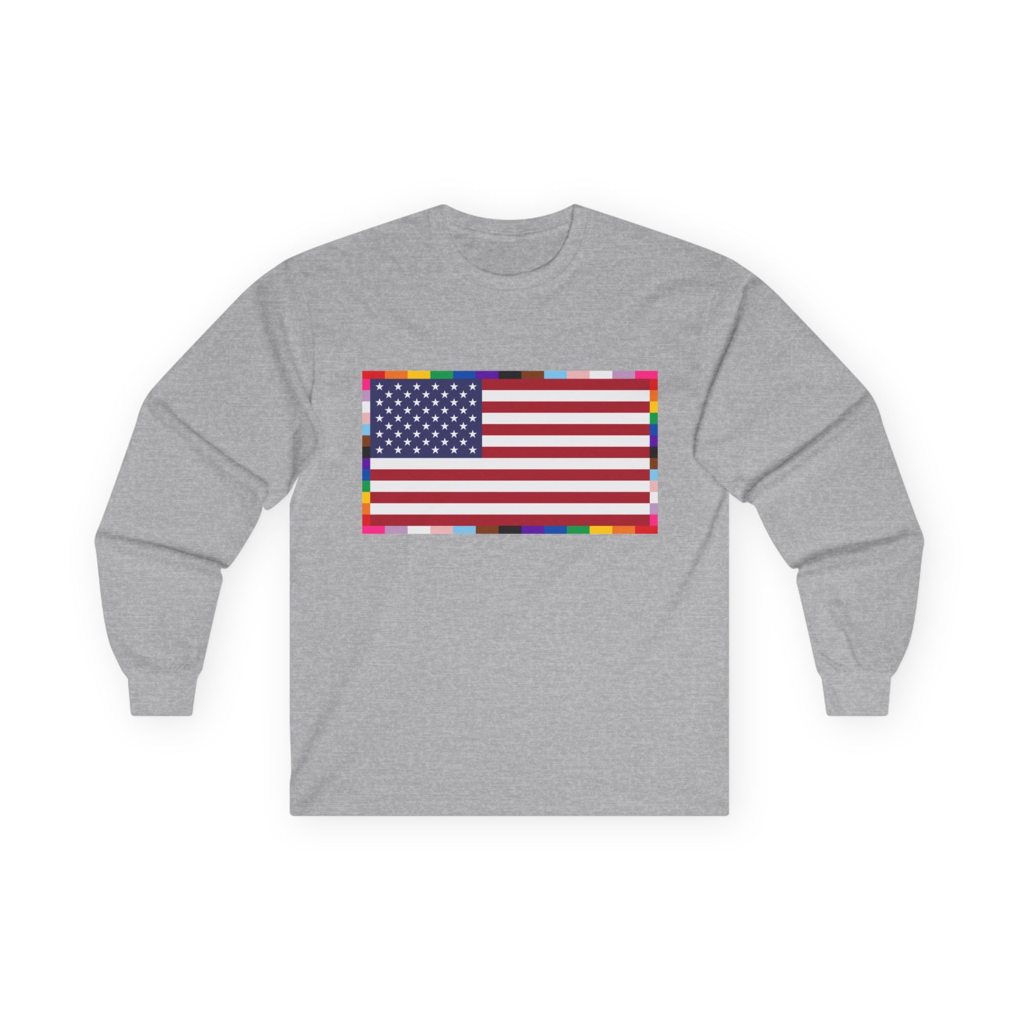 American Flag Long Sleeve Tee — Rainbow Confetti Border Patriotic Shirt