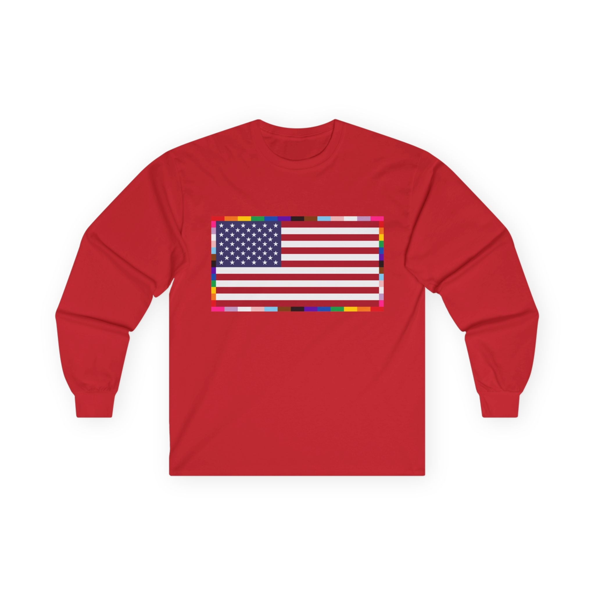American Flag Long Sleeve Tee — Rainbow Confetti Border Patriotic Shirt