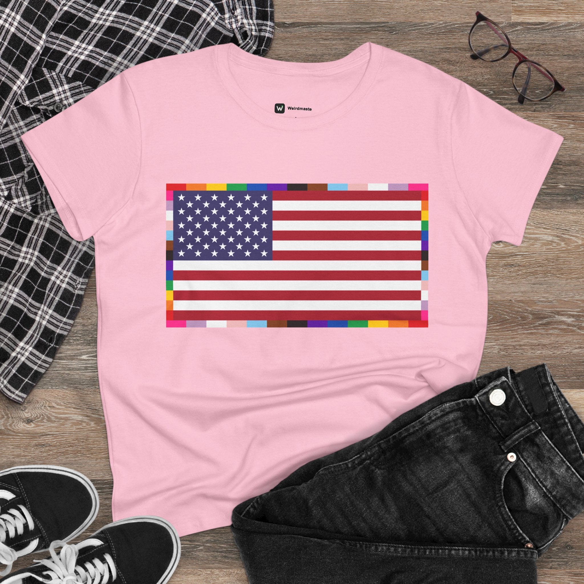 Women's American Unity Flag Tee | USA Flag T-Shirt, LGBTQ+ Pride Diversity Inclusion