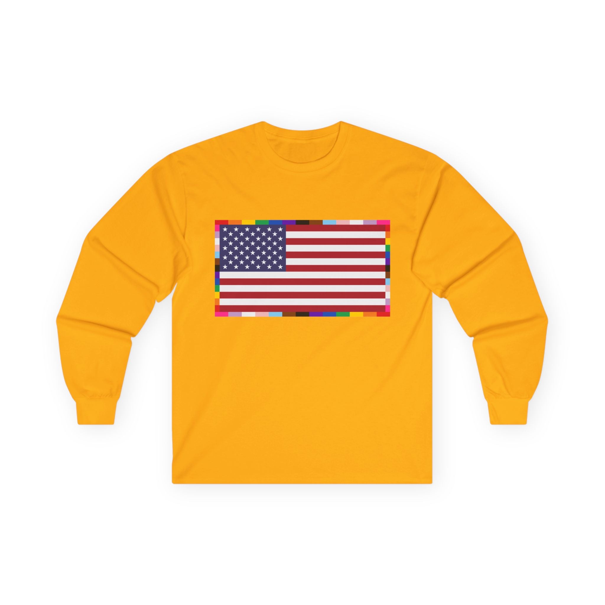 American Flag Long Sleeve Tee — Rainbow Confetti Border Patriotic Shirt