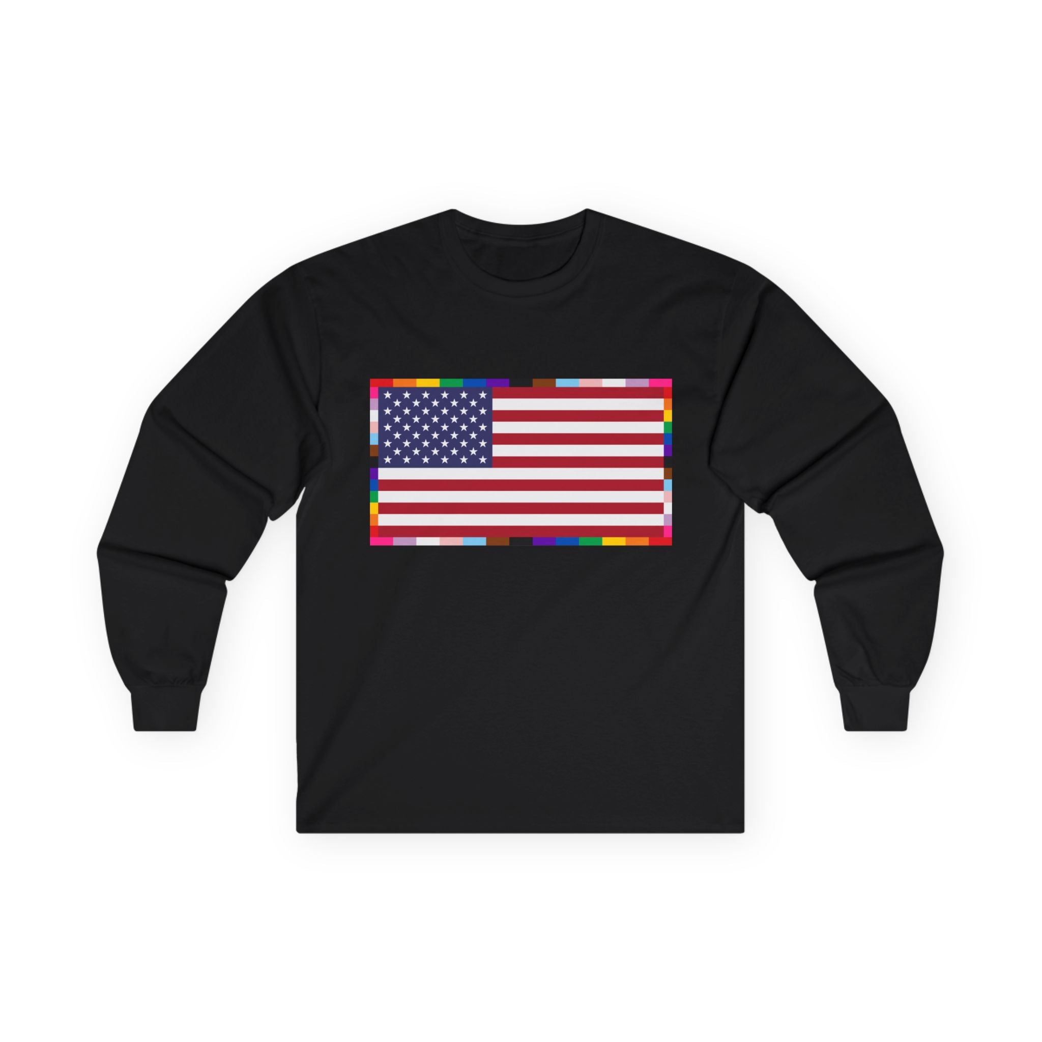 American Flag Long Sleeve Tee — Rainbow Confetti Border Patriotic Shirt