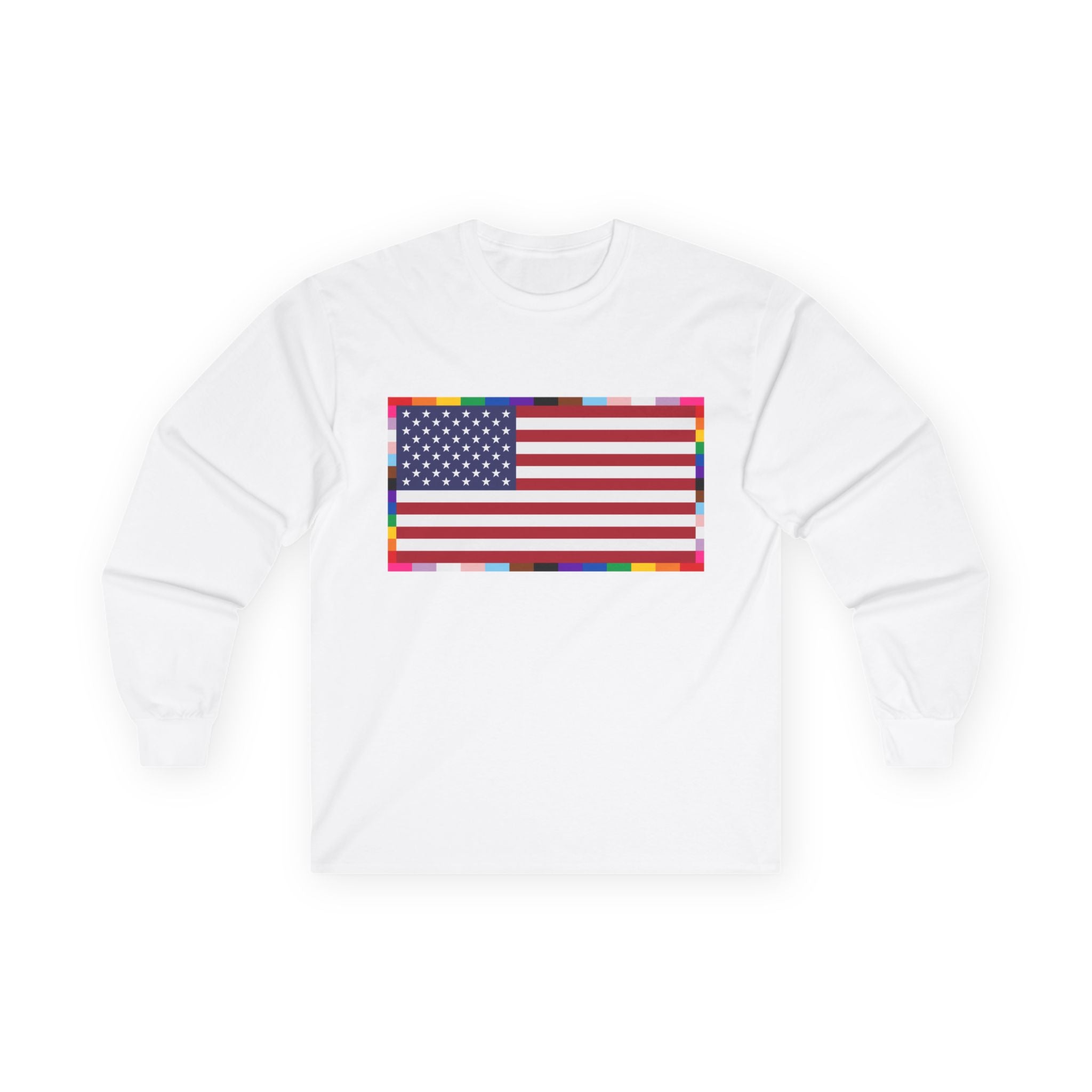 American Flag Long Sleeve Tee — Rainbow Confetti Border Patriotic Shirt