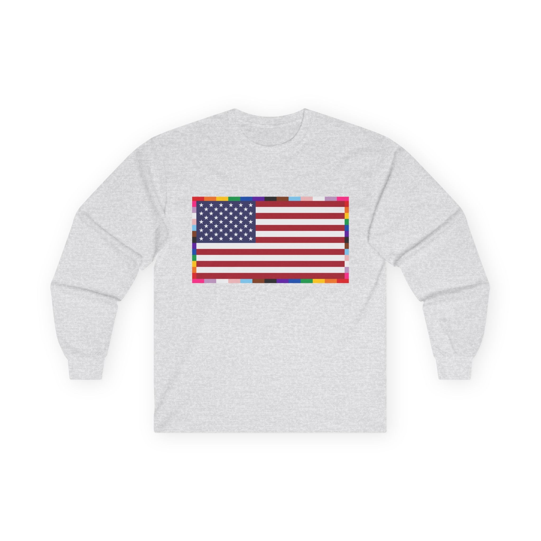 American Flag Long Sleeve Tee — Rainbow Confetti Border Patriotic Shirt