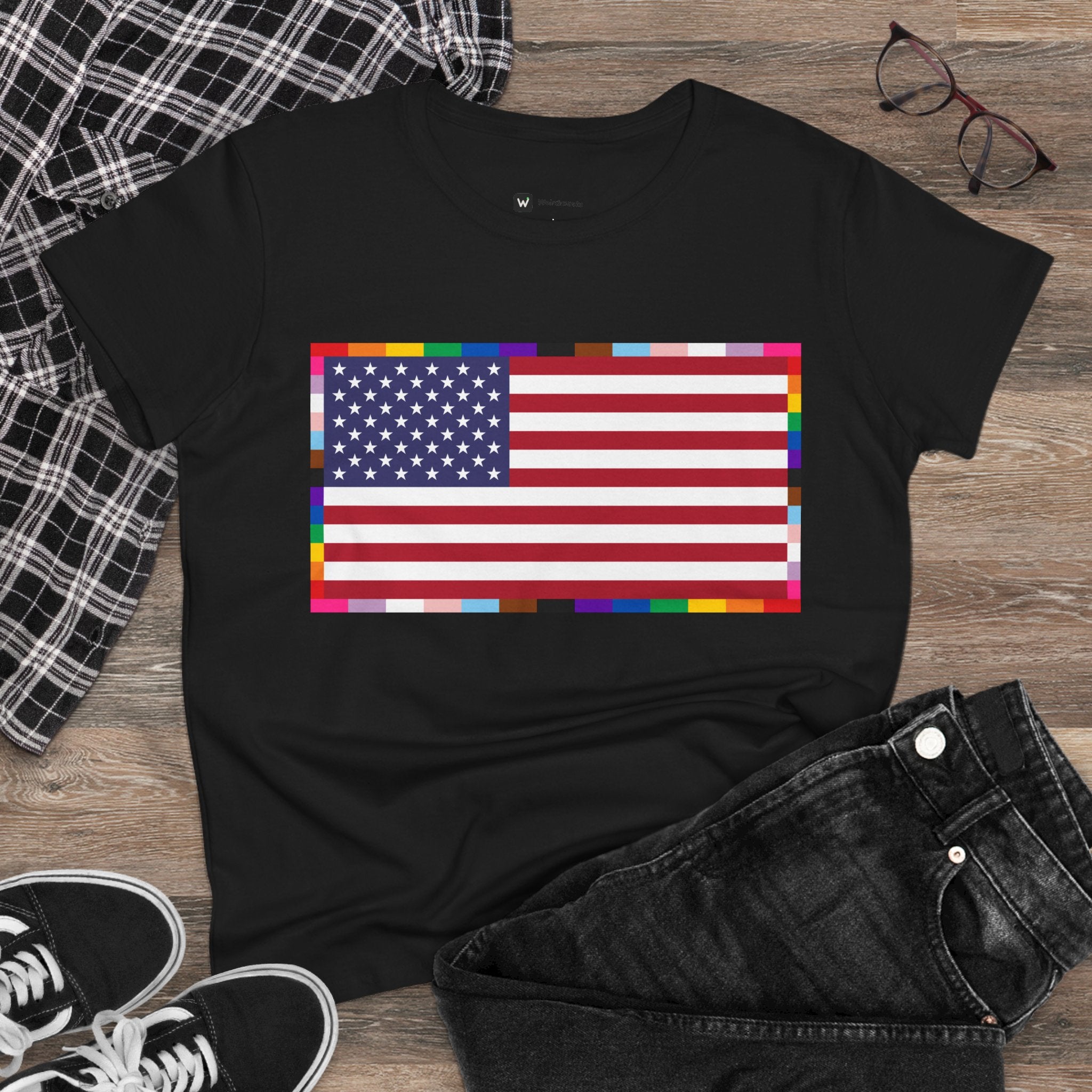 Women's American Unity Flag Tee | USA Flag T-Shirt, LGBTQ+ Pride Diversity Inclusion