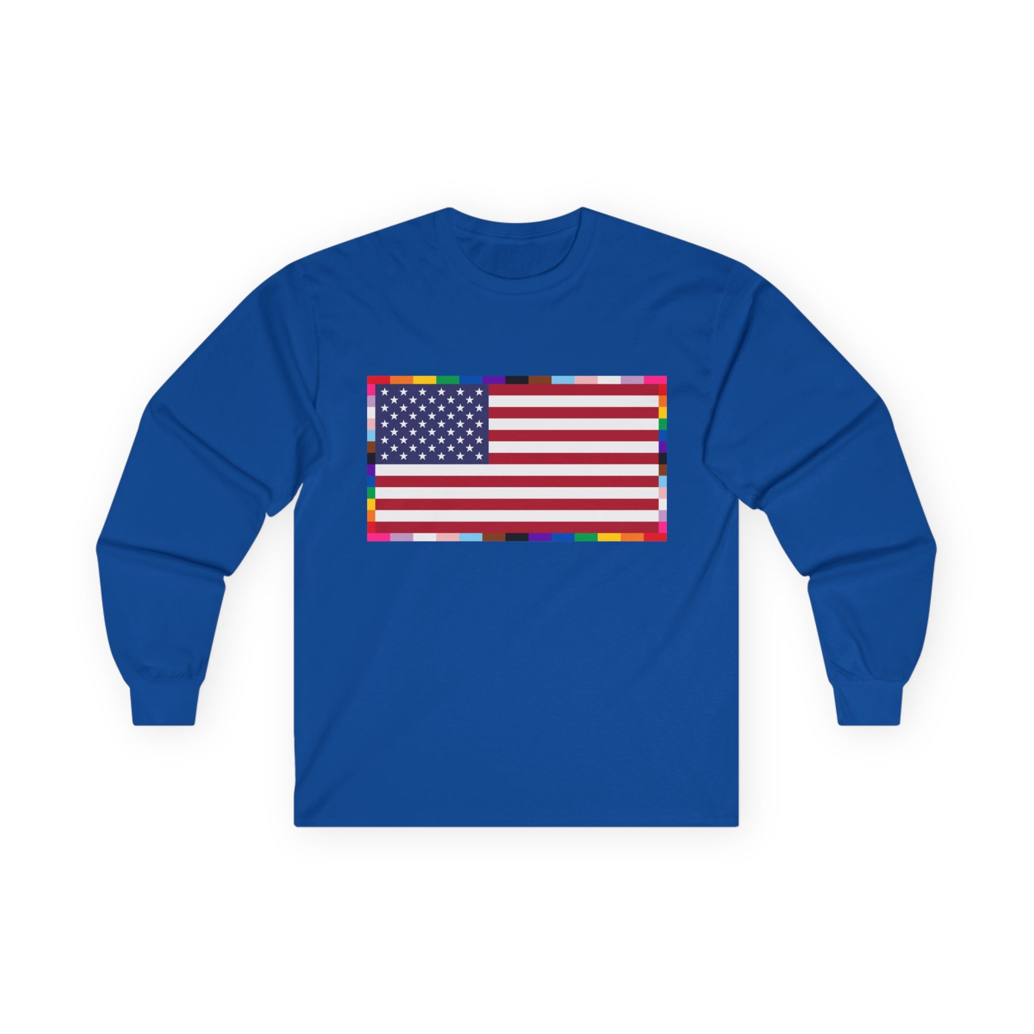 American Flag Long Sleeve Tee — Rainbow Confetti Border Patriotic Shirt