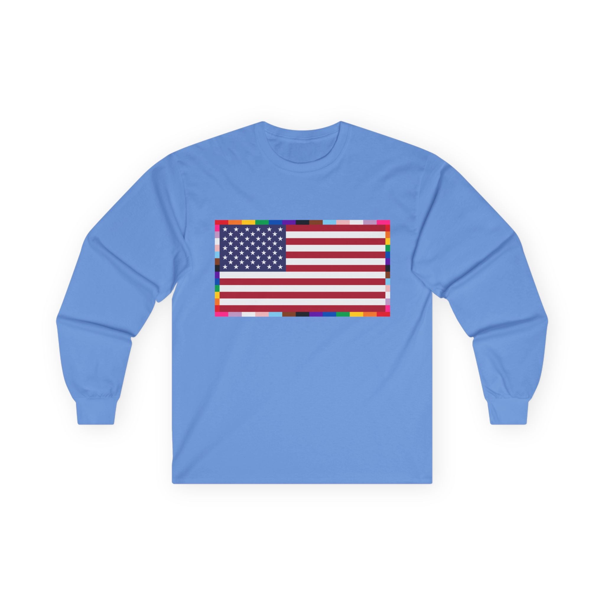 American Flag Long Sleeve Tee — Rainbow Confetti Border Patriotic Shirt
