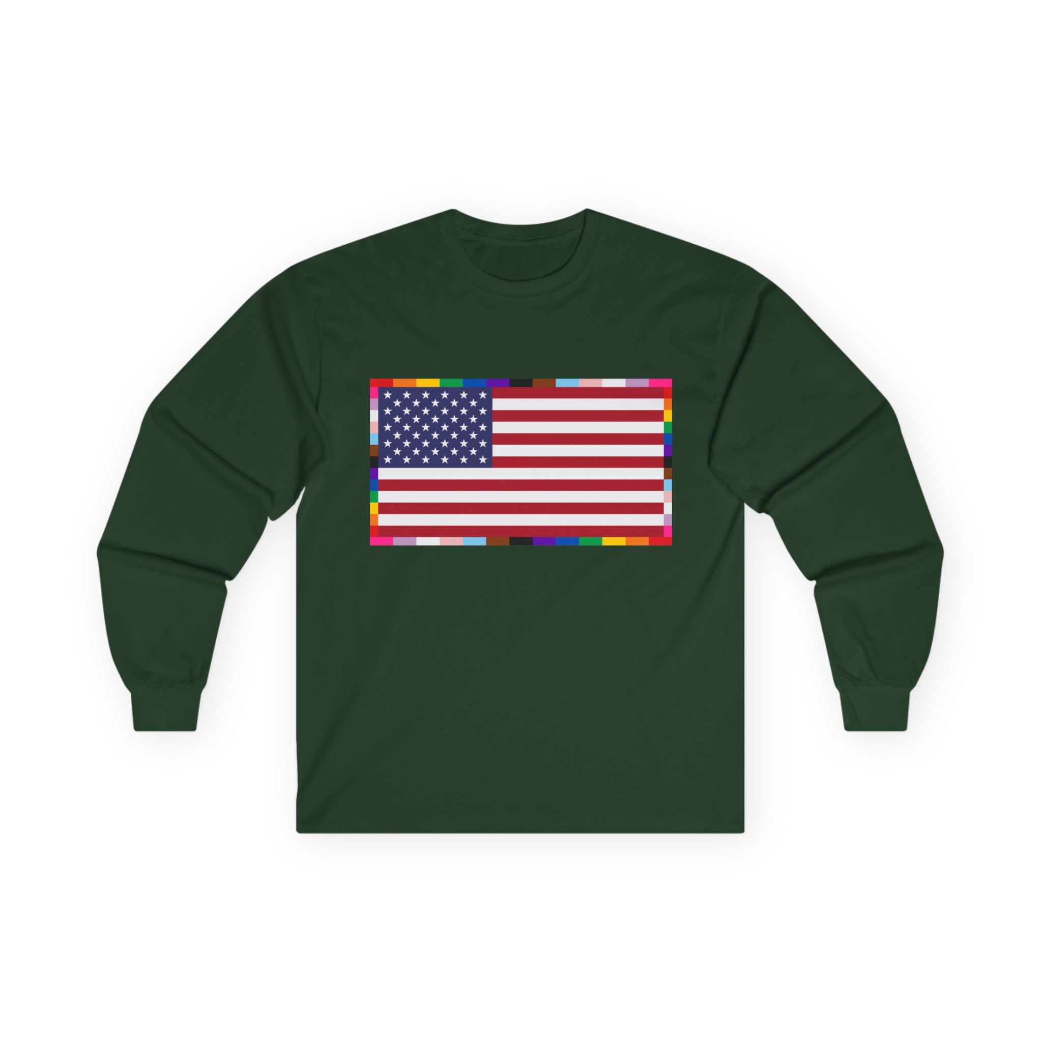 American Flag Long Sleeve Tee — Rainbow Confetti Border Patriotic Shirt